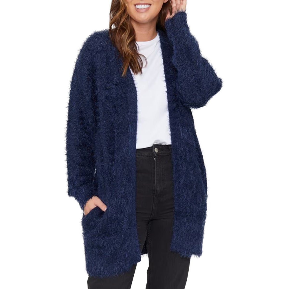 Womens Long Sleeve Round Neck Fluffy Cardigan