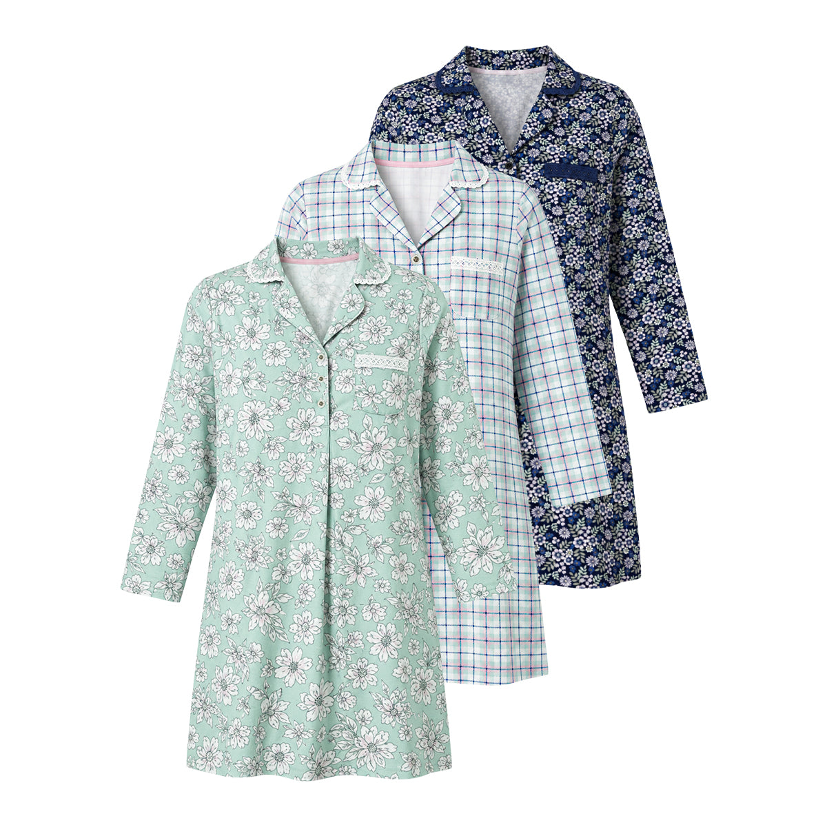Women's Printed Long-Sleeve Lace-Trim Collared Nightgown Dress