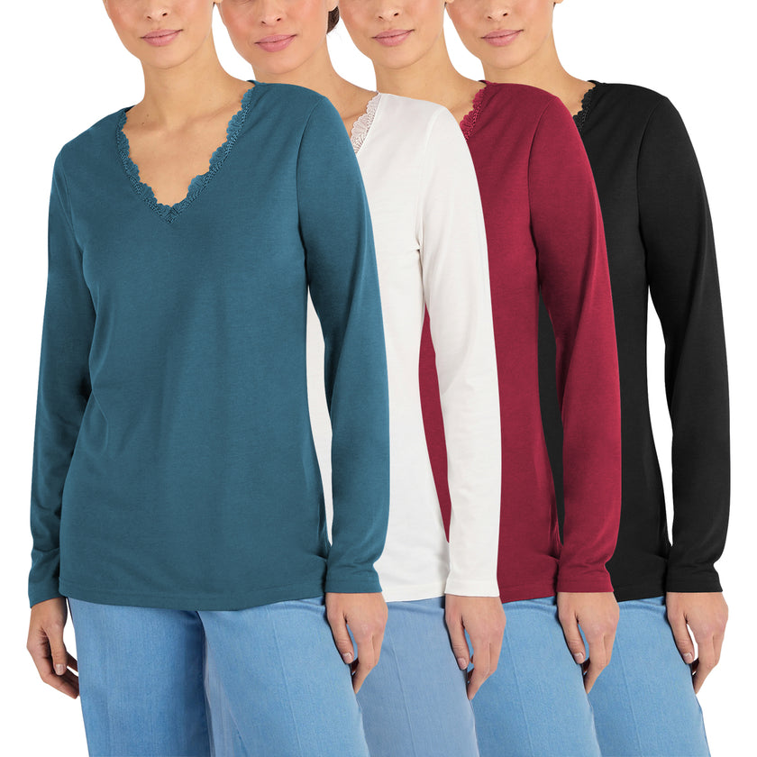 Women’s Thermal Long Sleeve Lace Trim V-Neck T-Shirt