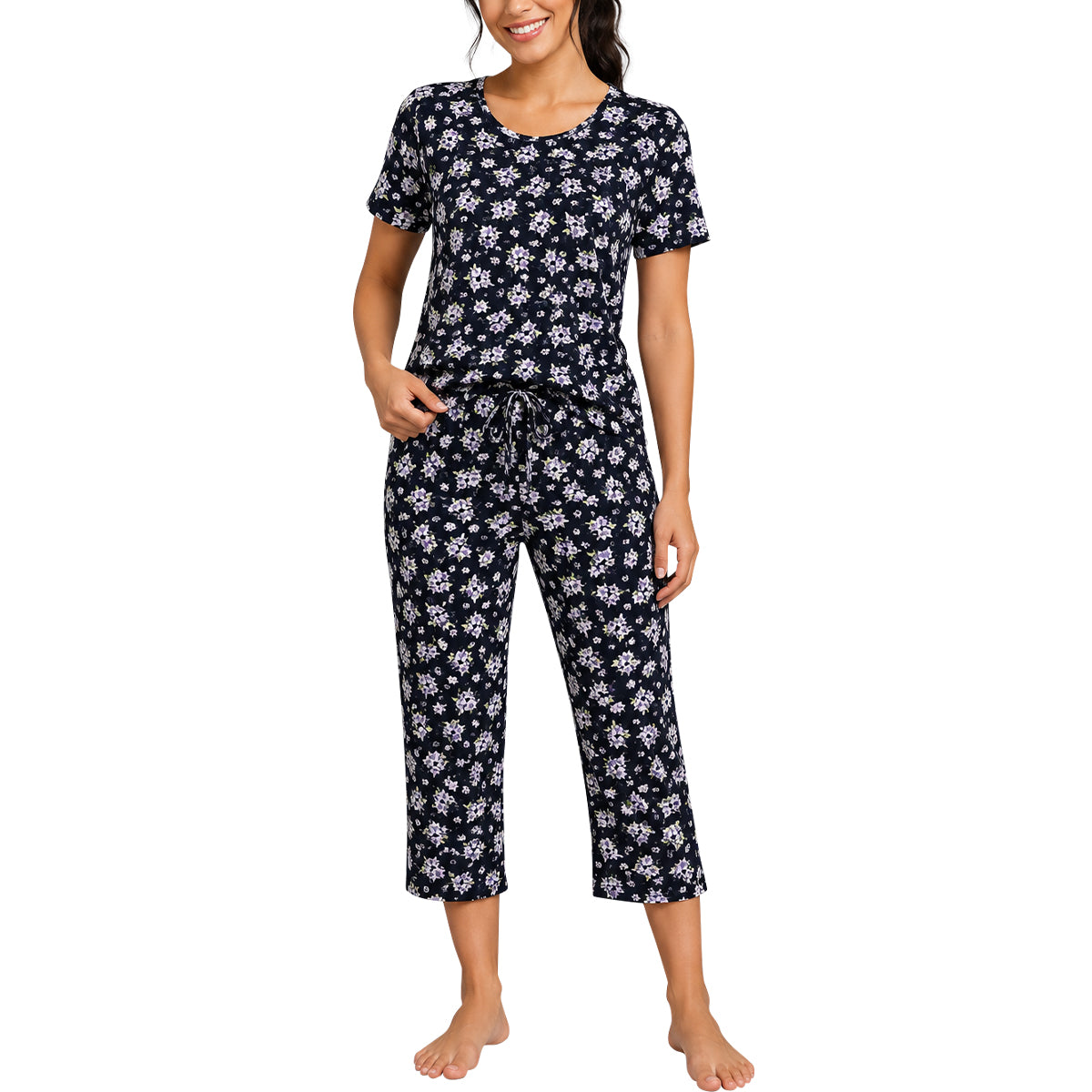 Womens Floral Print Short Sleeve Top 3/4 Pajama Set