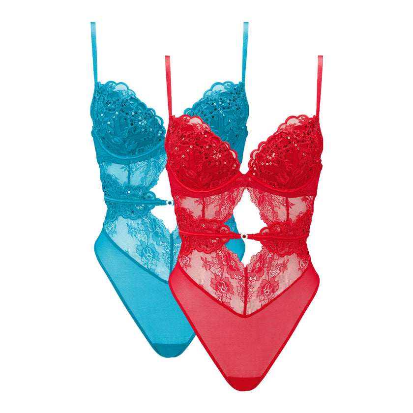 Women’s Embroidered Sequin Padded Wired Lace Adjustable Straps Bodysuit
