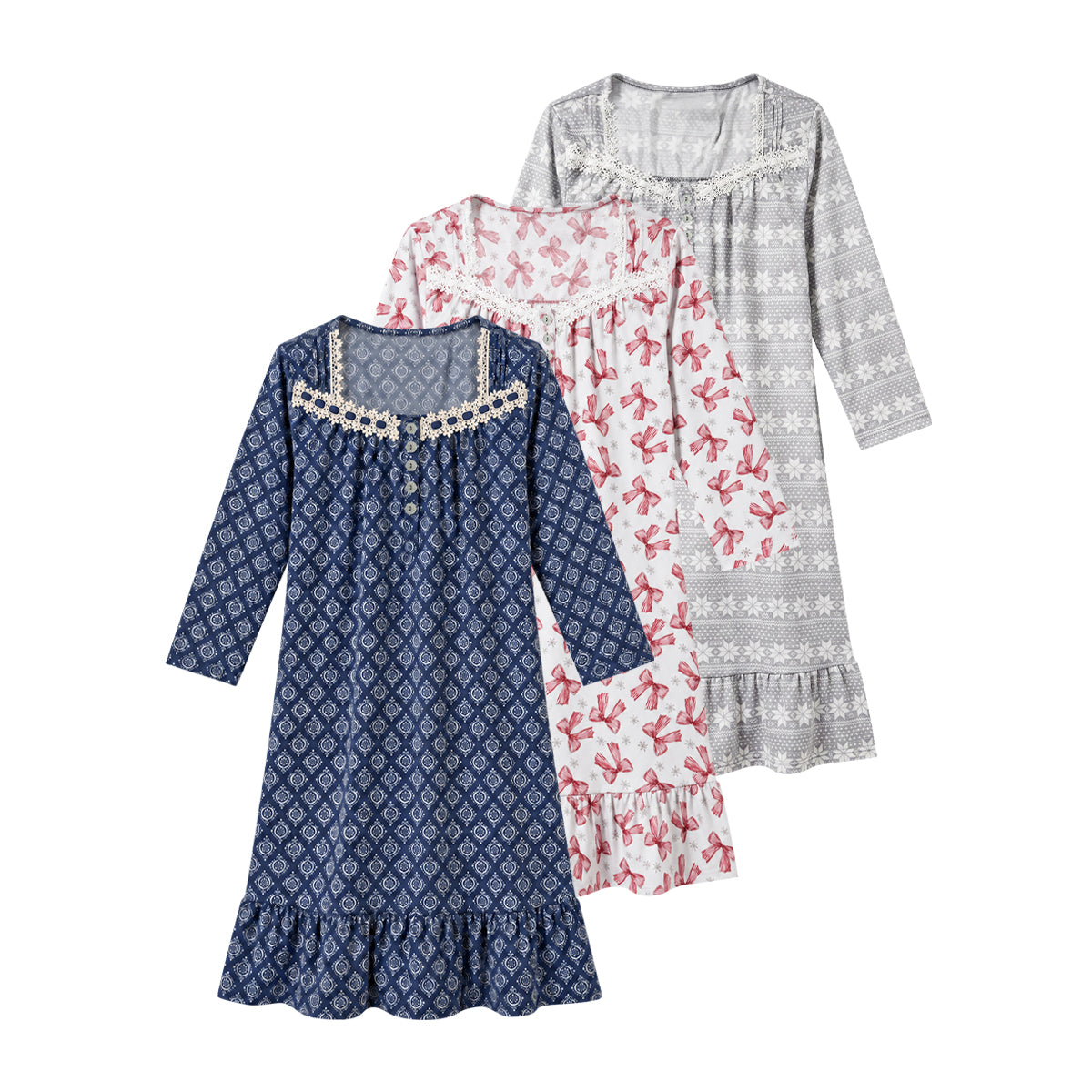 Women's Printed Lace-Neck Long-Sleeve Nightgown Dress with Ruffle Hem