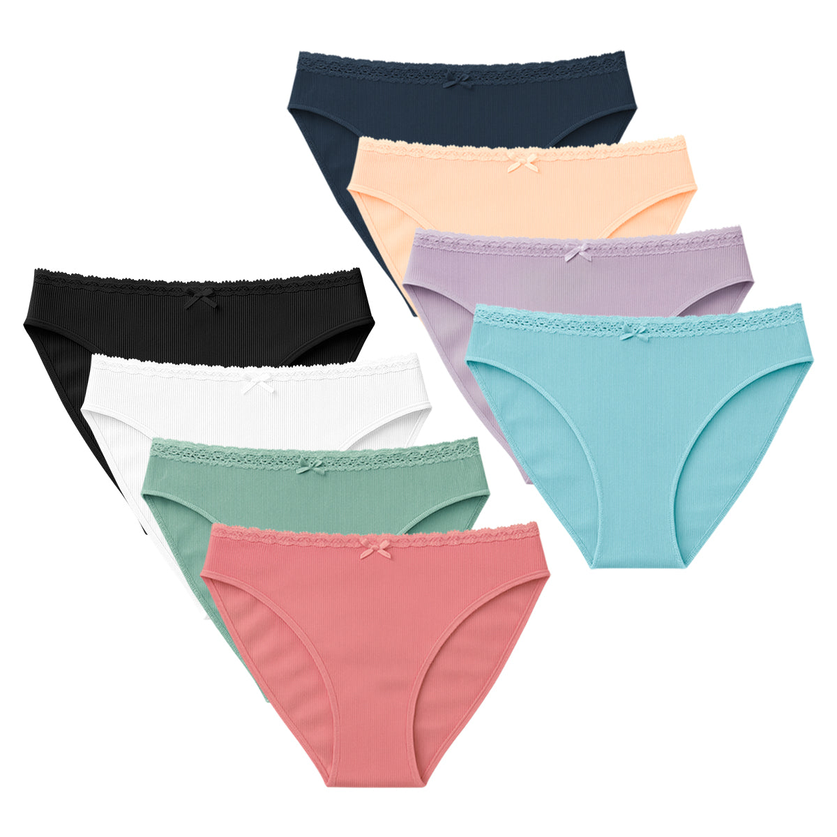 Pack of 5 Womens Ribbed Cotton Lace Waist Half Back Briefs Panty