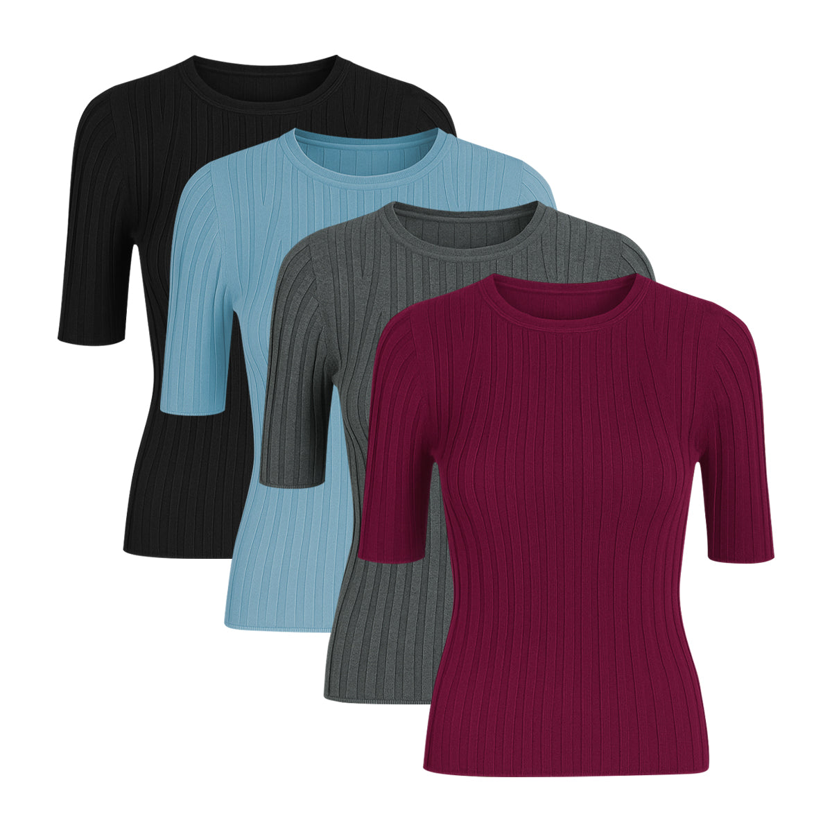 Womens Short Sleeve Ribbed Crew Neck Lightweight Sweater