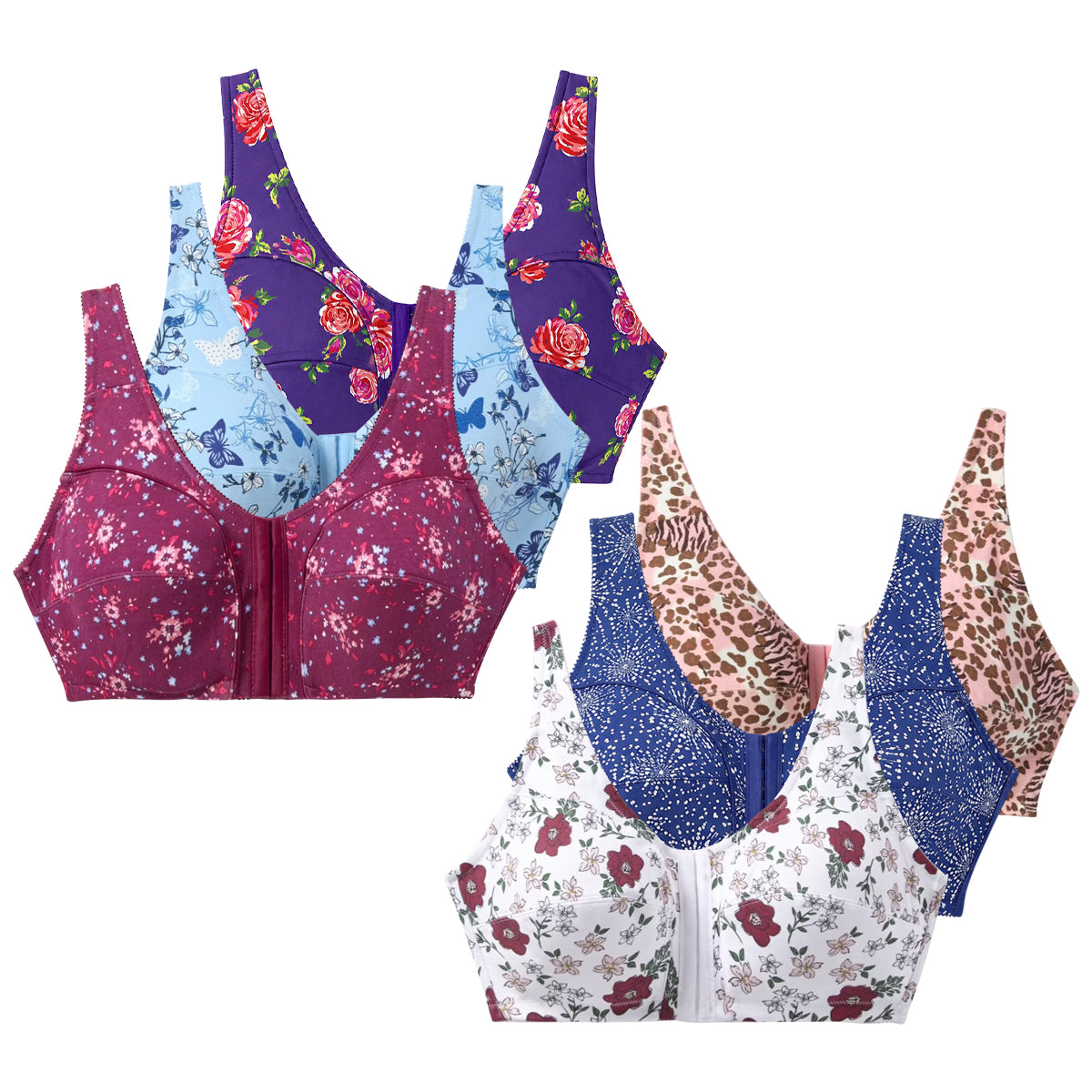 Womens Plus Size Printed Wireless Front Close Adjustable Straps Bra