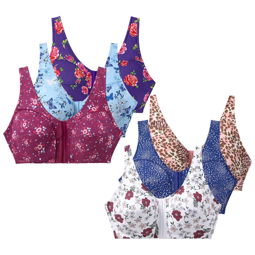 Womens Plus Size Printed Wireless Front Close Adjustable Straps Bra