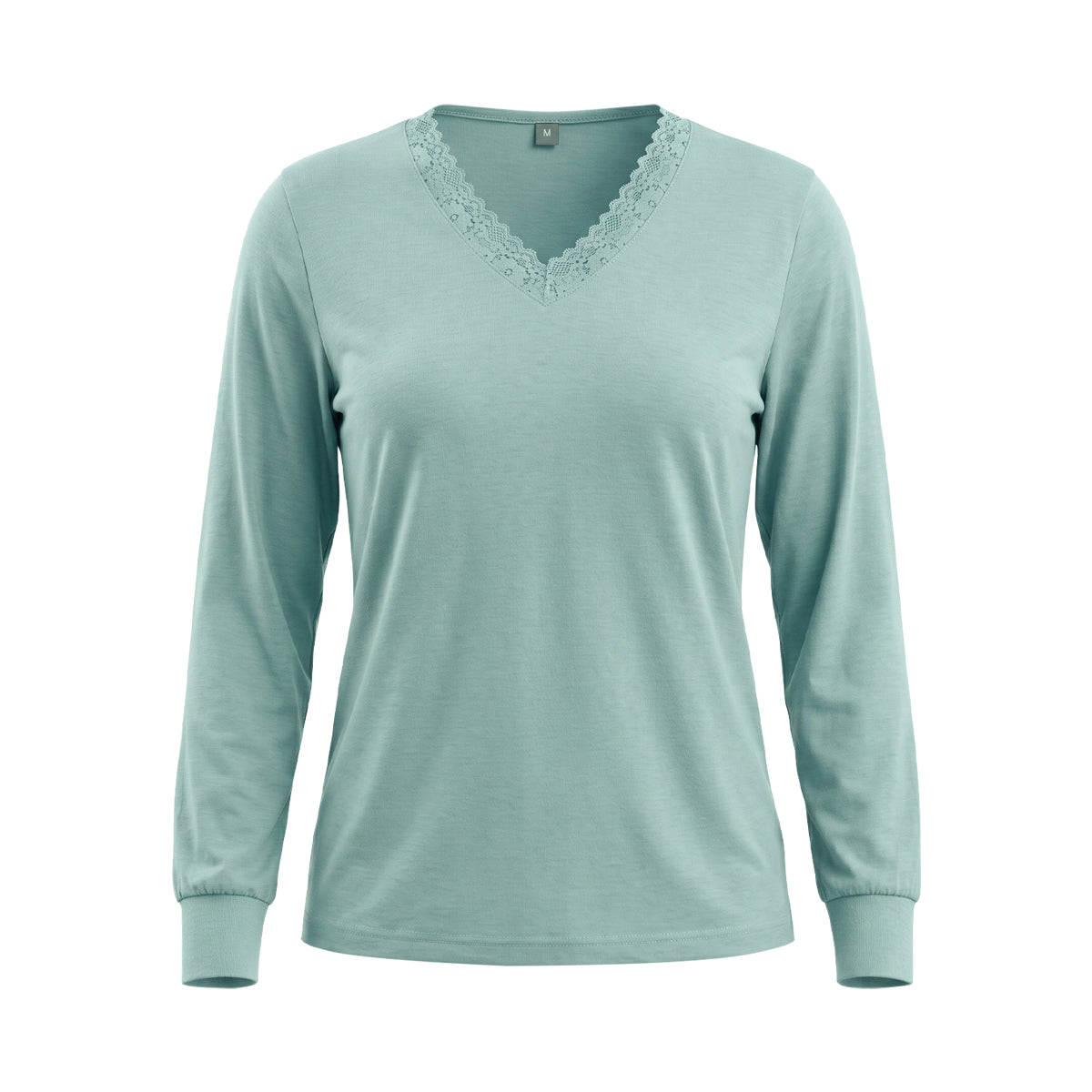 Women's Long Sleeves Cotton Lace-Trim V-Neck T-Shirt