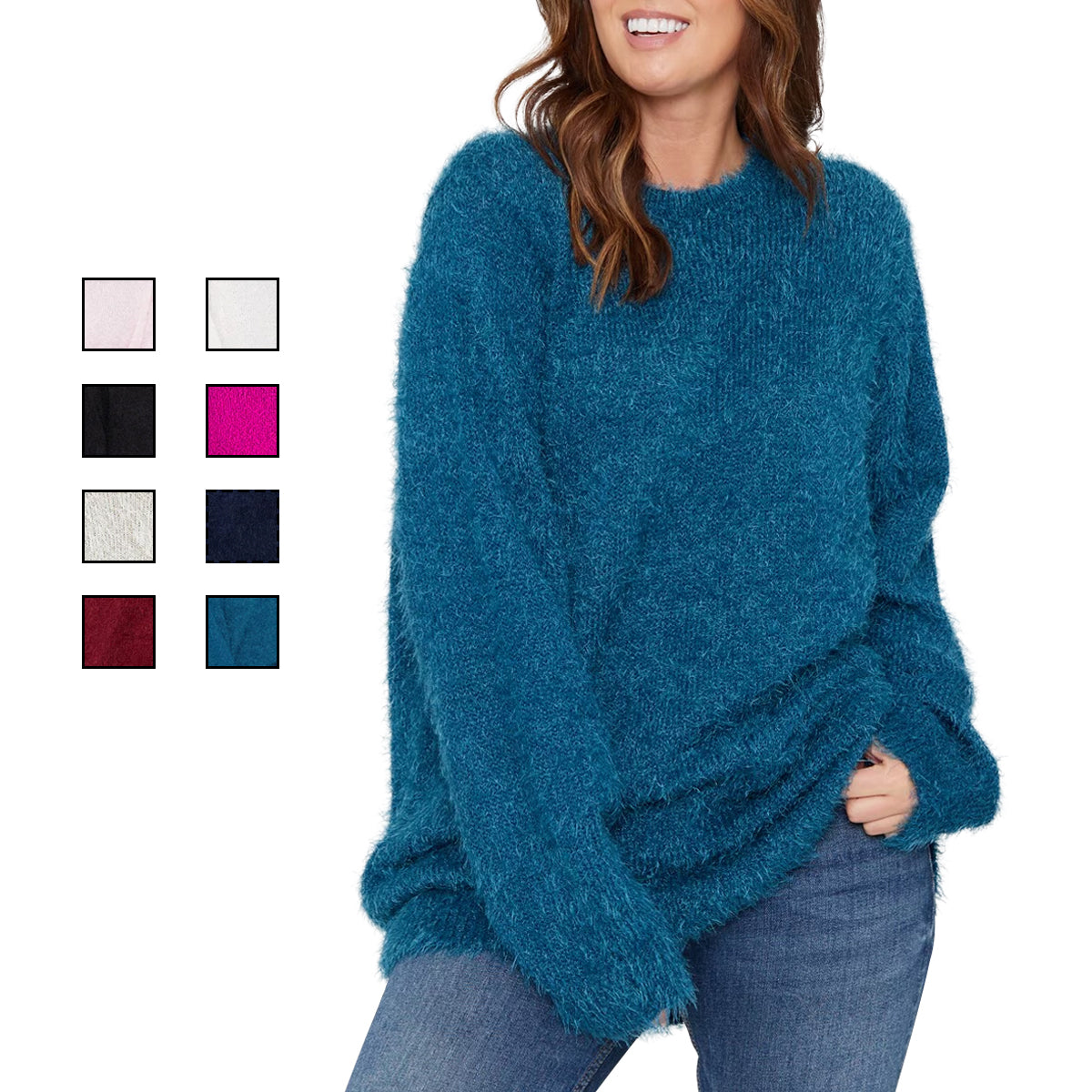 Womens Long Sleeve Round Neck Fluffy Jumper