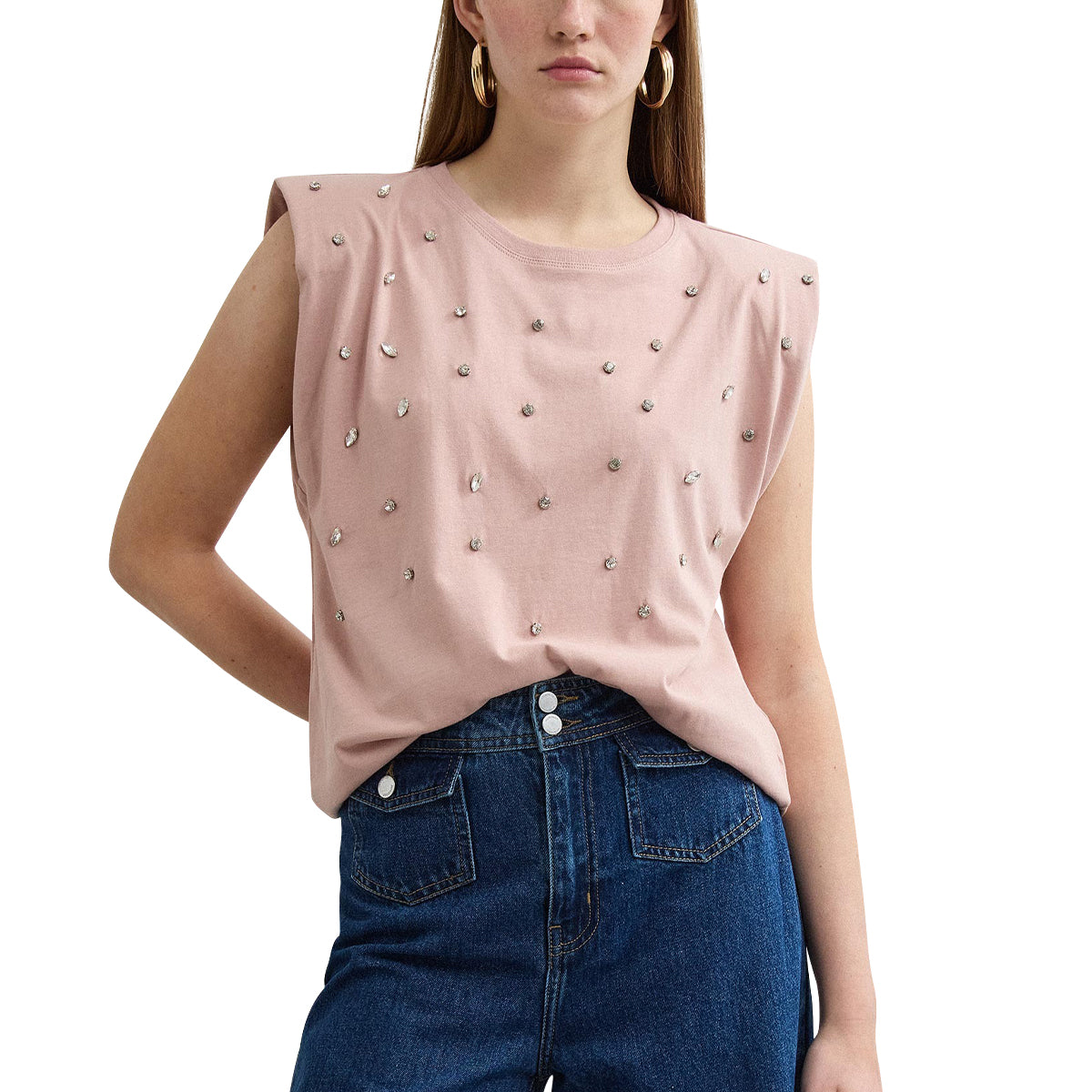 Womens Cotton Shoulder Pad Rhinestone Sleeveless Top