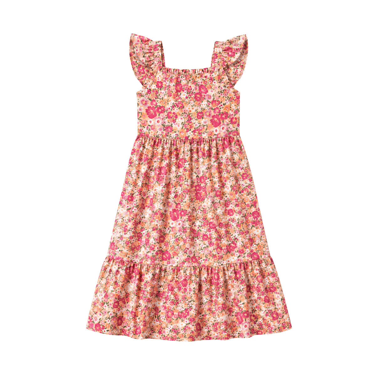 Girls Cotton Floral Print Ruffle Sleeve Tiered Summer Dress