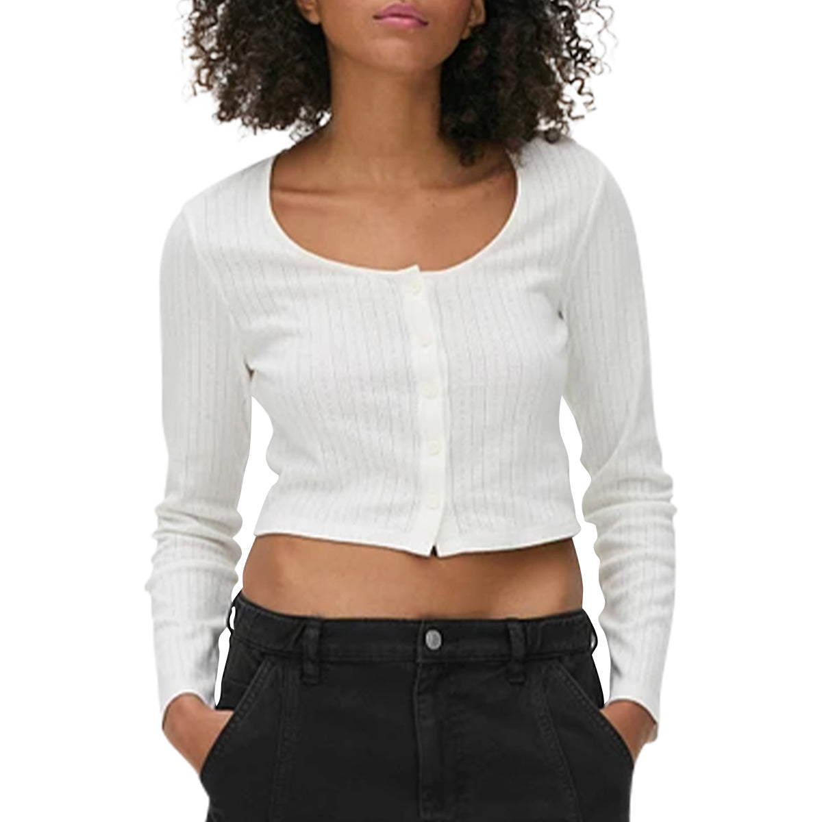 Ladies Full Sleeve Pointelle Cropped Cardigan Top