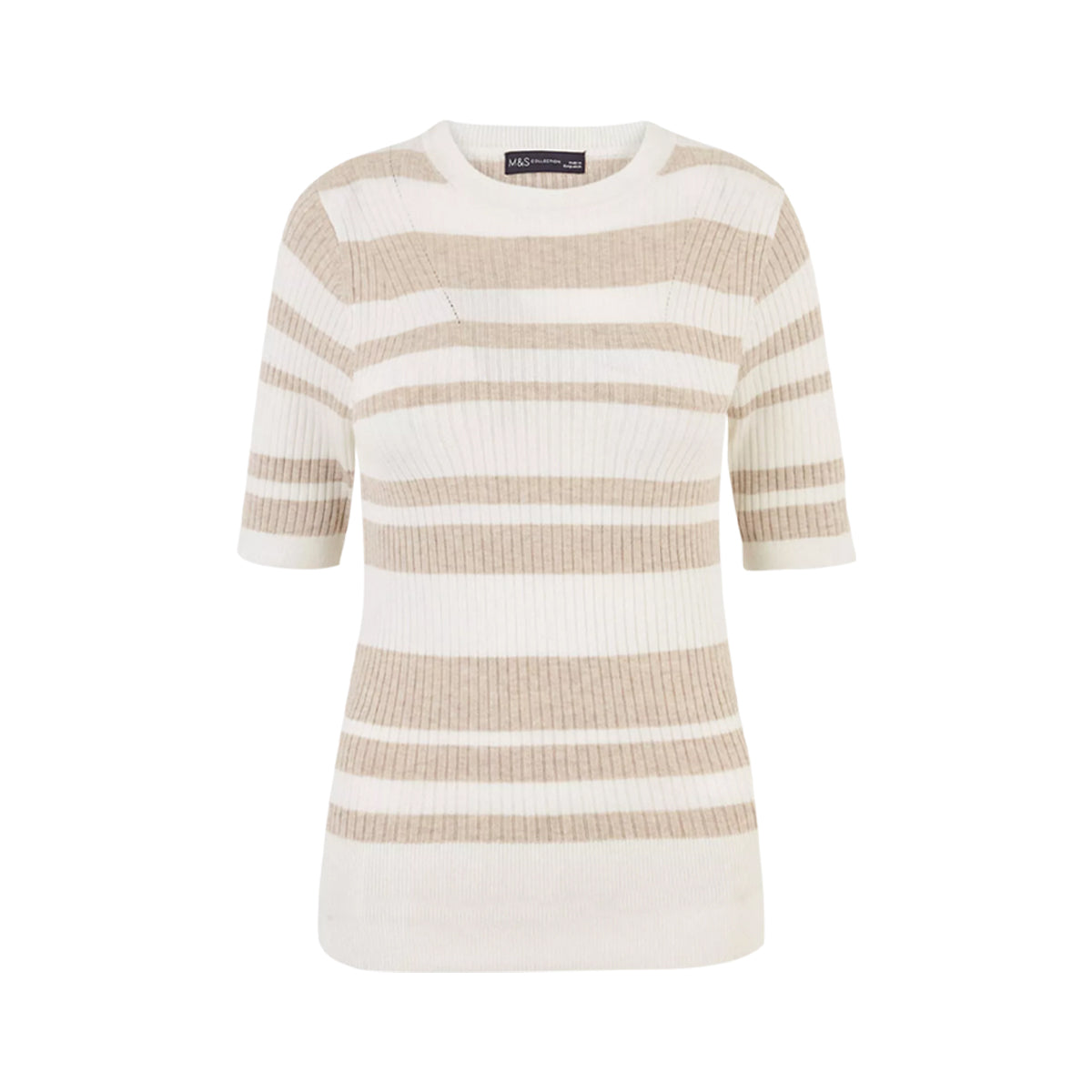 Ladies Short Sleeve Ribbed Crew Neck Knitted Stripe Sweater