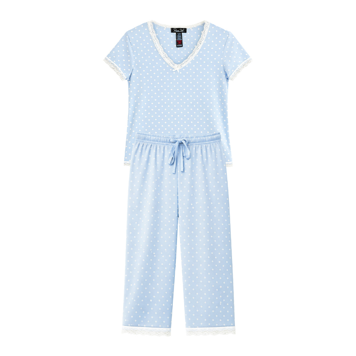 Womens Polka Dot Soft Stretch Lace Trim Sleepwear 3/4 Pajama Set