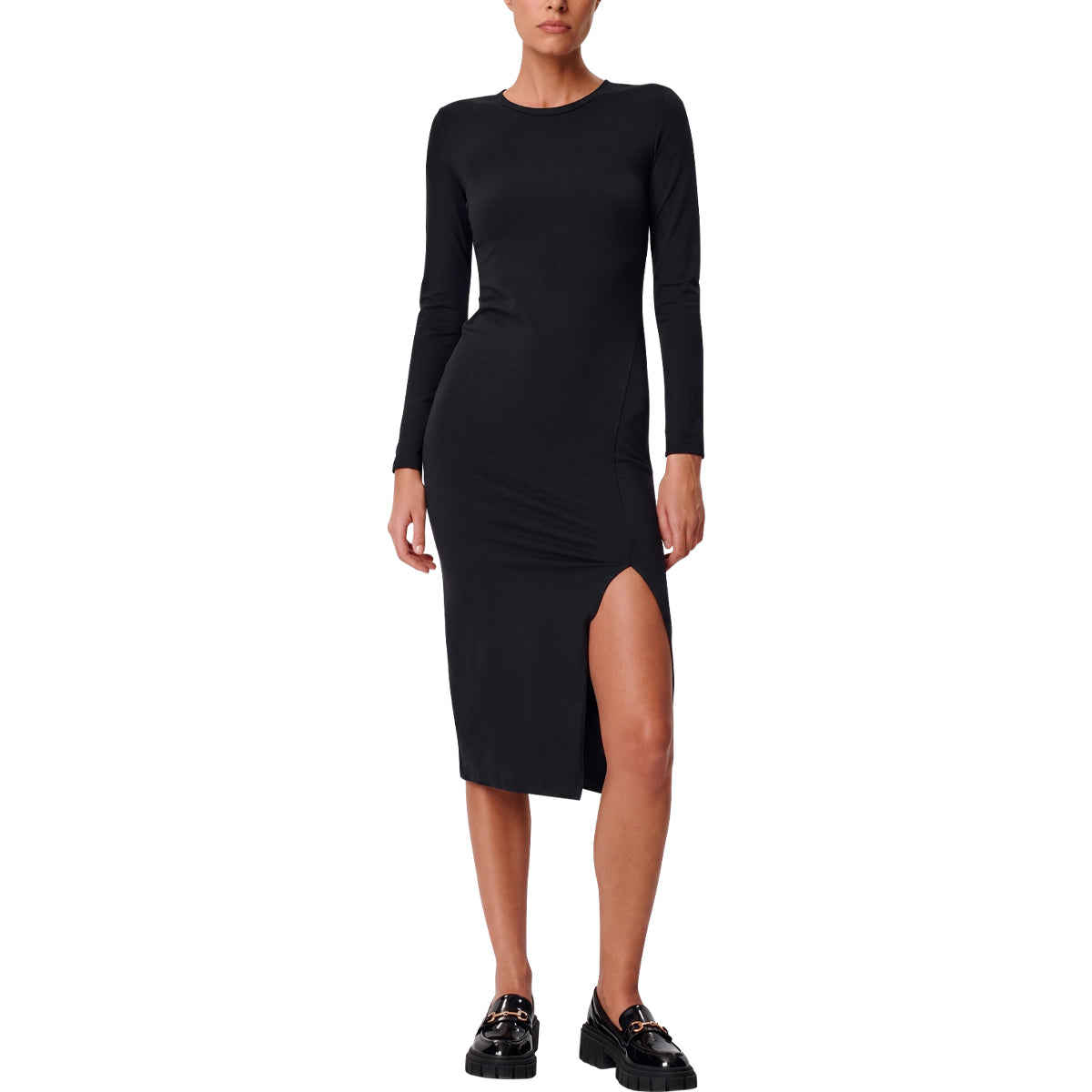 Women's Long Sleeve Slim Fit Midi Dress – Side Slit, Cotton Stretch, Round Neck