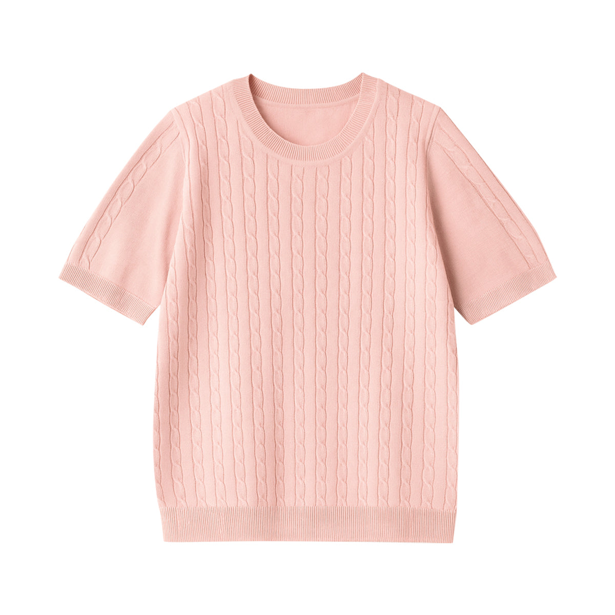 Womens Round Neck Premium Cable Knit Short Sleeve Sweater