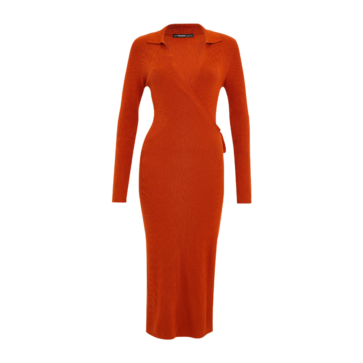 Womens Long Sleeve Ribbed Knit Wrap Collared Midi Belted Bodycon