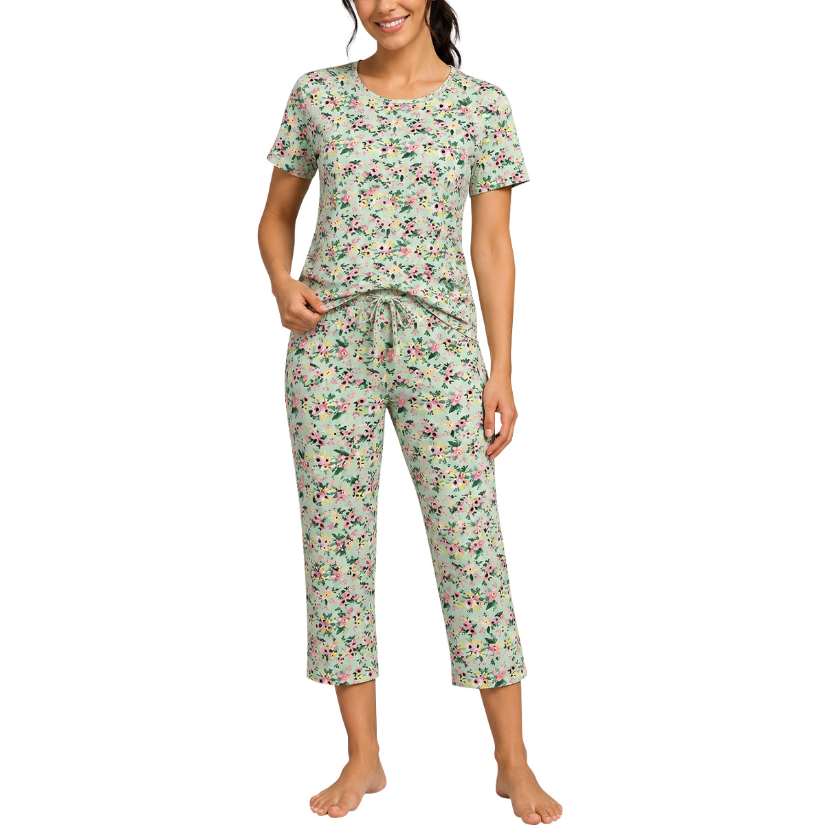 Womens Floral Print Short Sleeve Top 3/4 Pajama Set