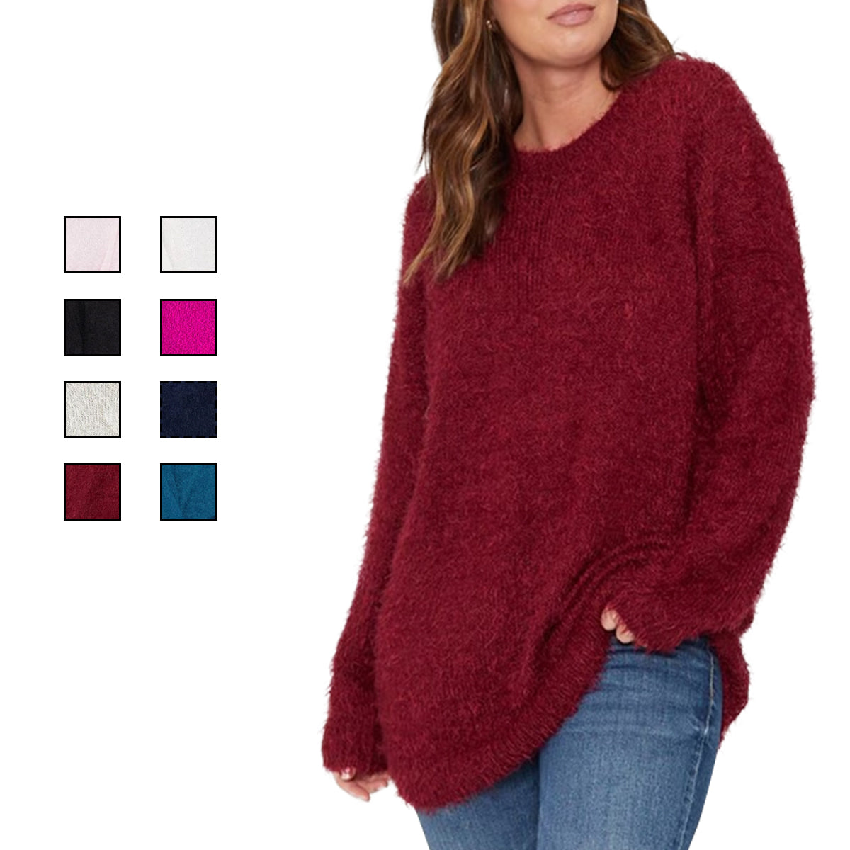 Womens Long Sleeve Round Neck Fluffy Jumper