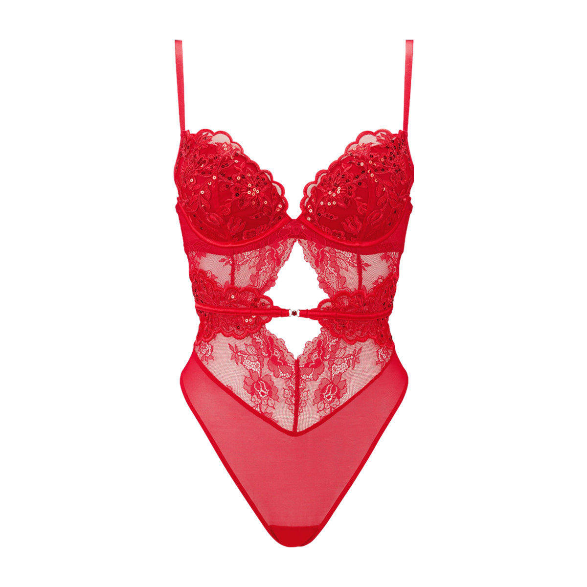 Women’s Embroidered Sequin Padded Wired Lace Adjustable Straps Bodysuit