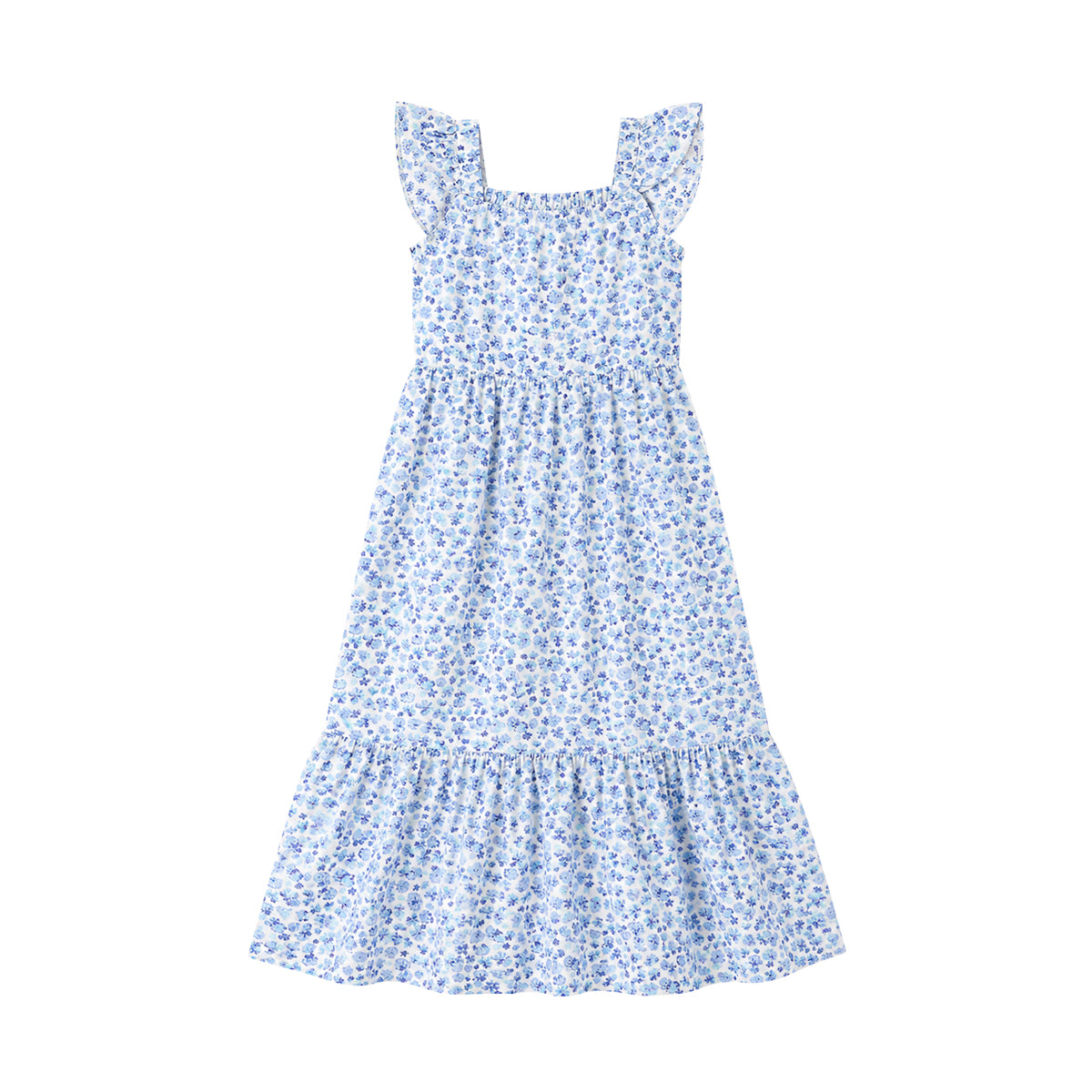 Girls Cotton Floral Print Ruffle Sleeve Tiered Summer Dress