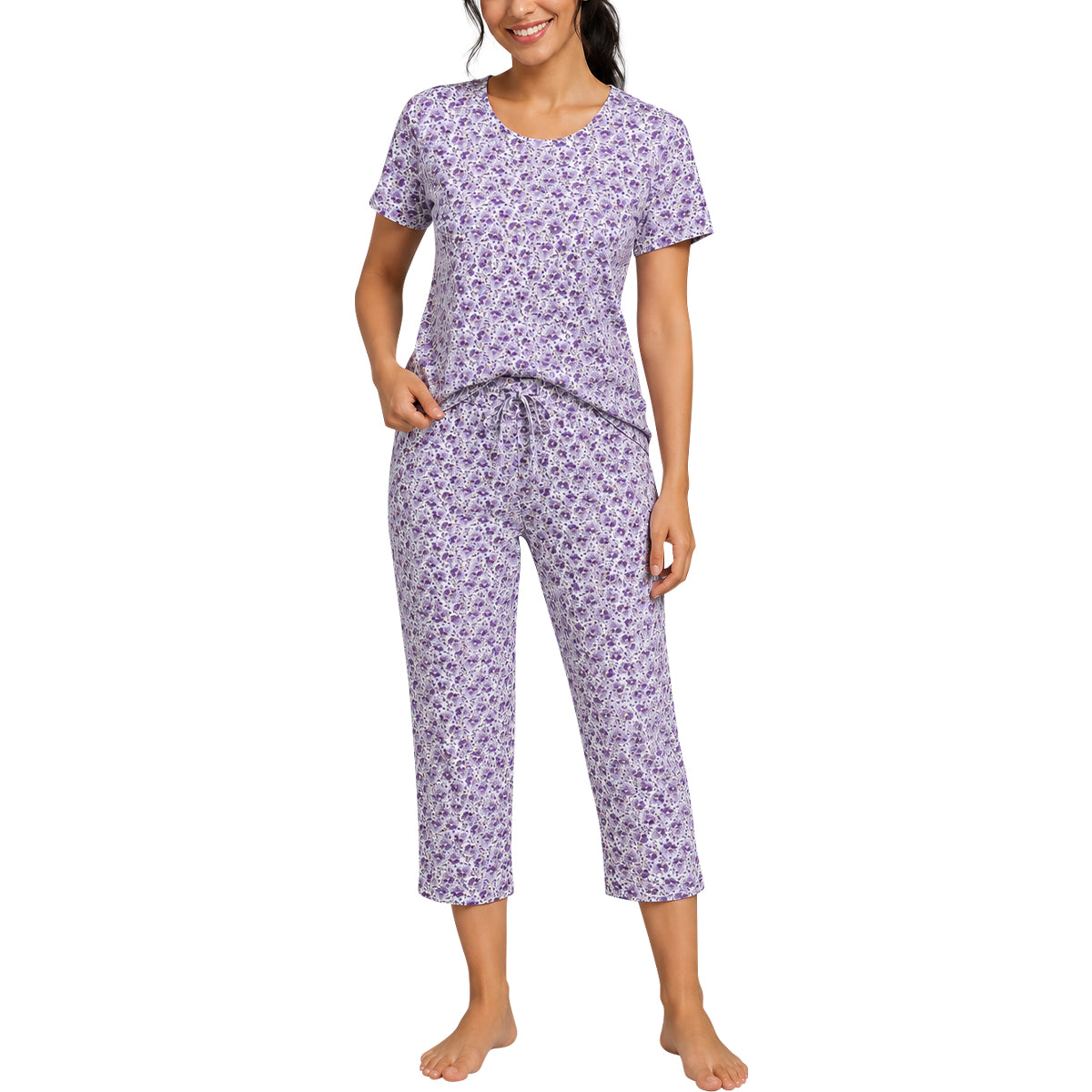 Womens Floral Print Short Sleeve Top 3/4 Pajama Set