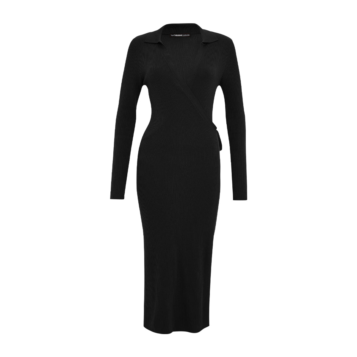 Womens Long Sleeve Ribbed Knit Wrap Collared Midi Belted Bodycon