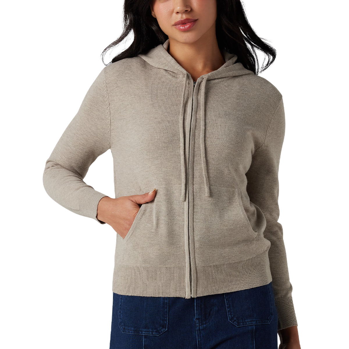 Womens Soft Knit Zip-Up Full Sleeve Sweater Hoodie with Pockets