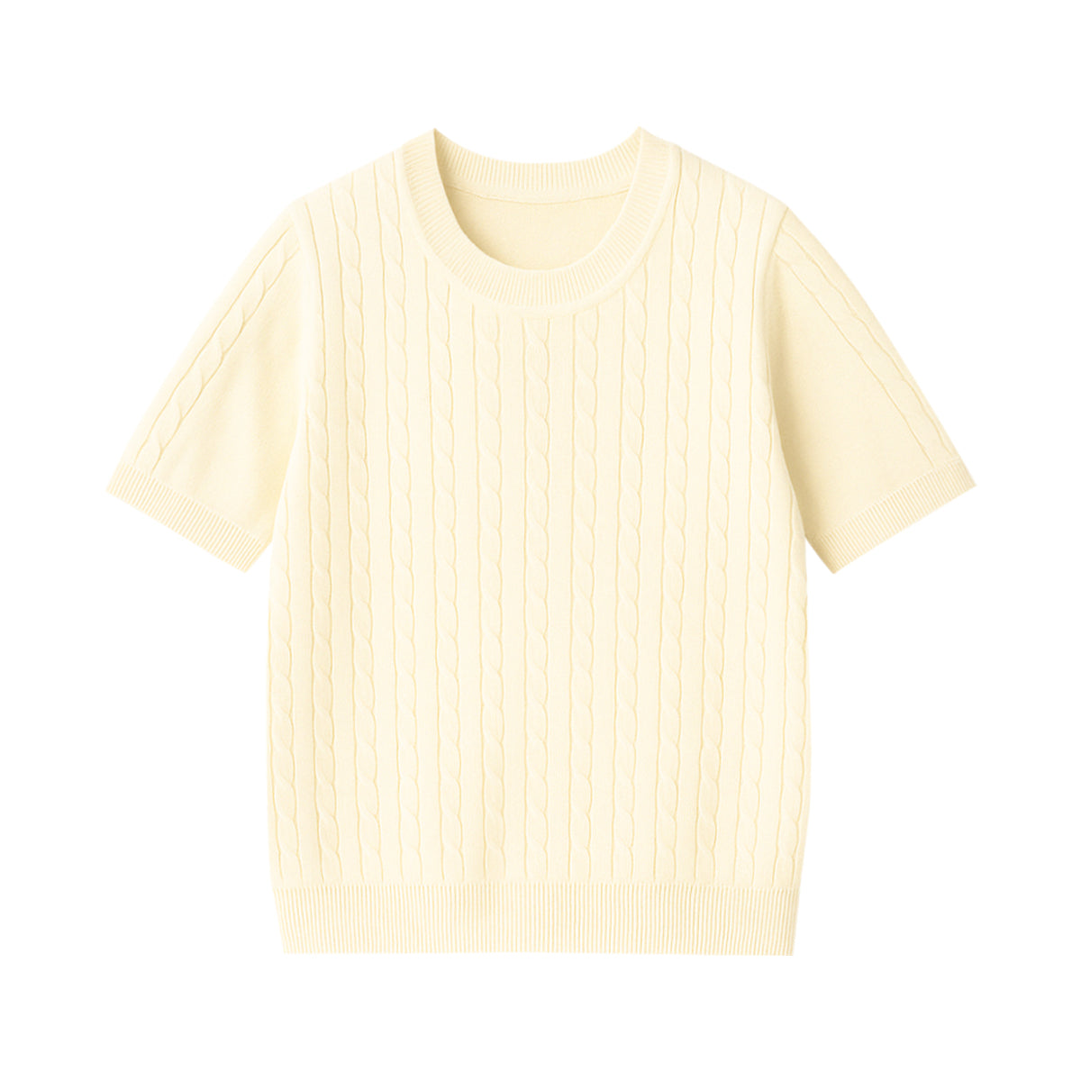 Womens Round Neck Premium Cable Knit Short Sleeve Sweater