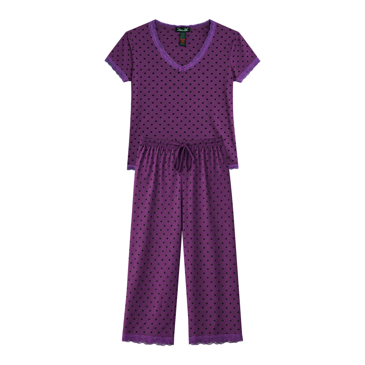 Womens Polka Dot Soft Stretch Lace Trim Sleepwear 3/4 Pajama Set