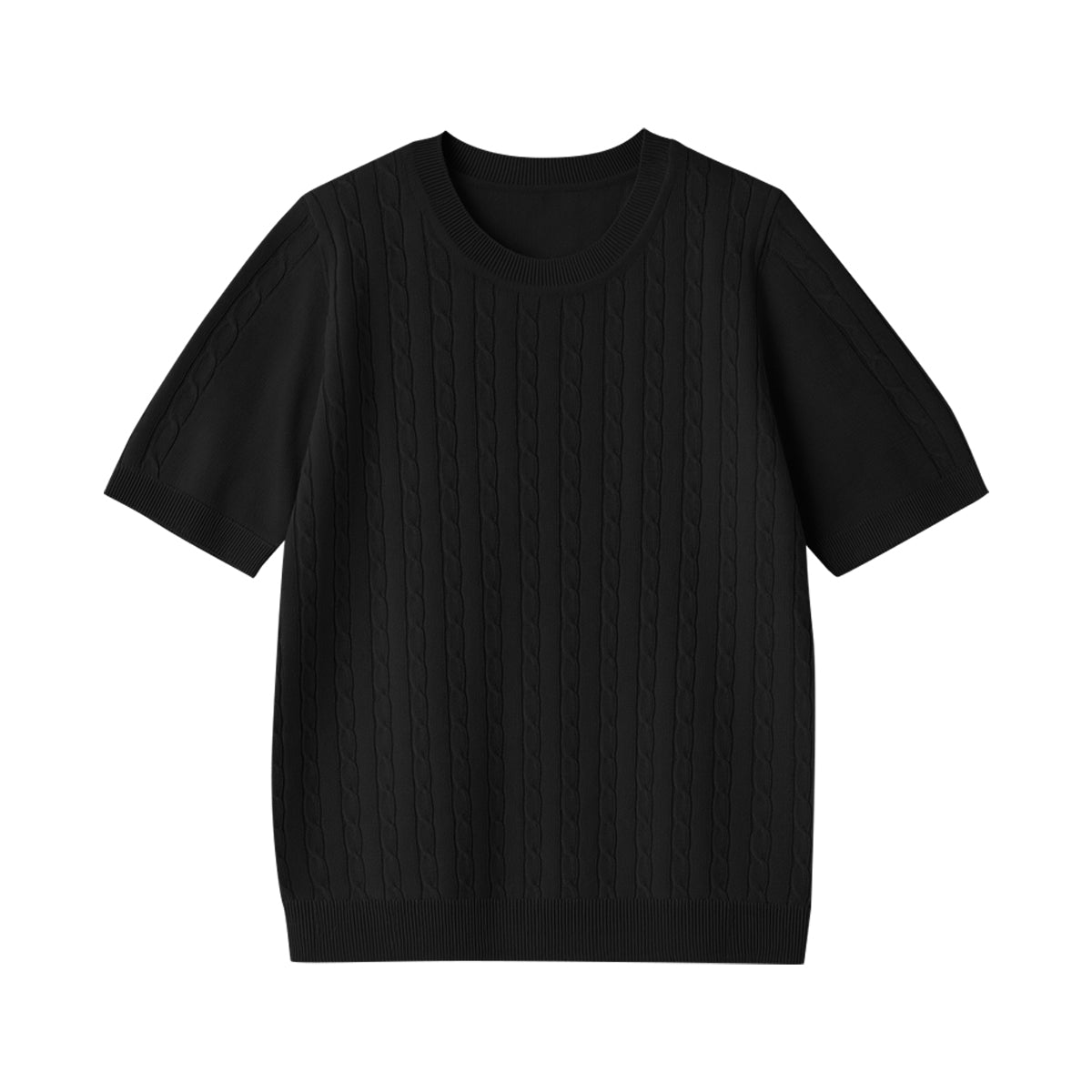 Womens Round Neck Premium Cable Knit Short Sleeve Sweater