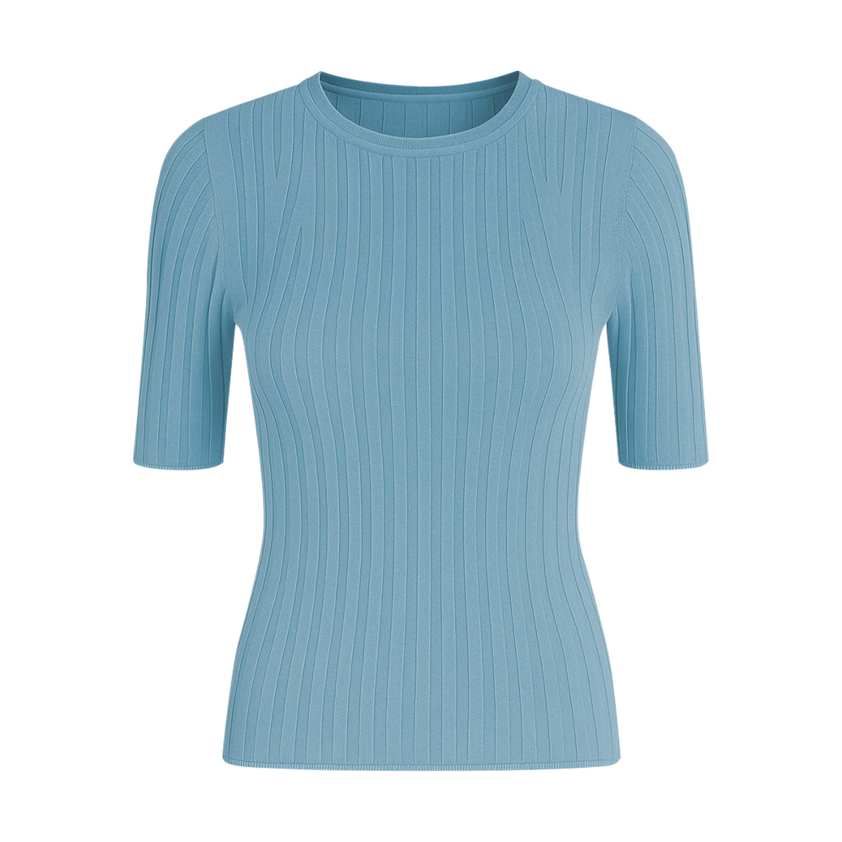 Womens Short Sleeve Ribbed Crew Neck Lightweight Sweater