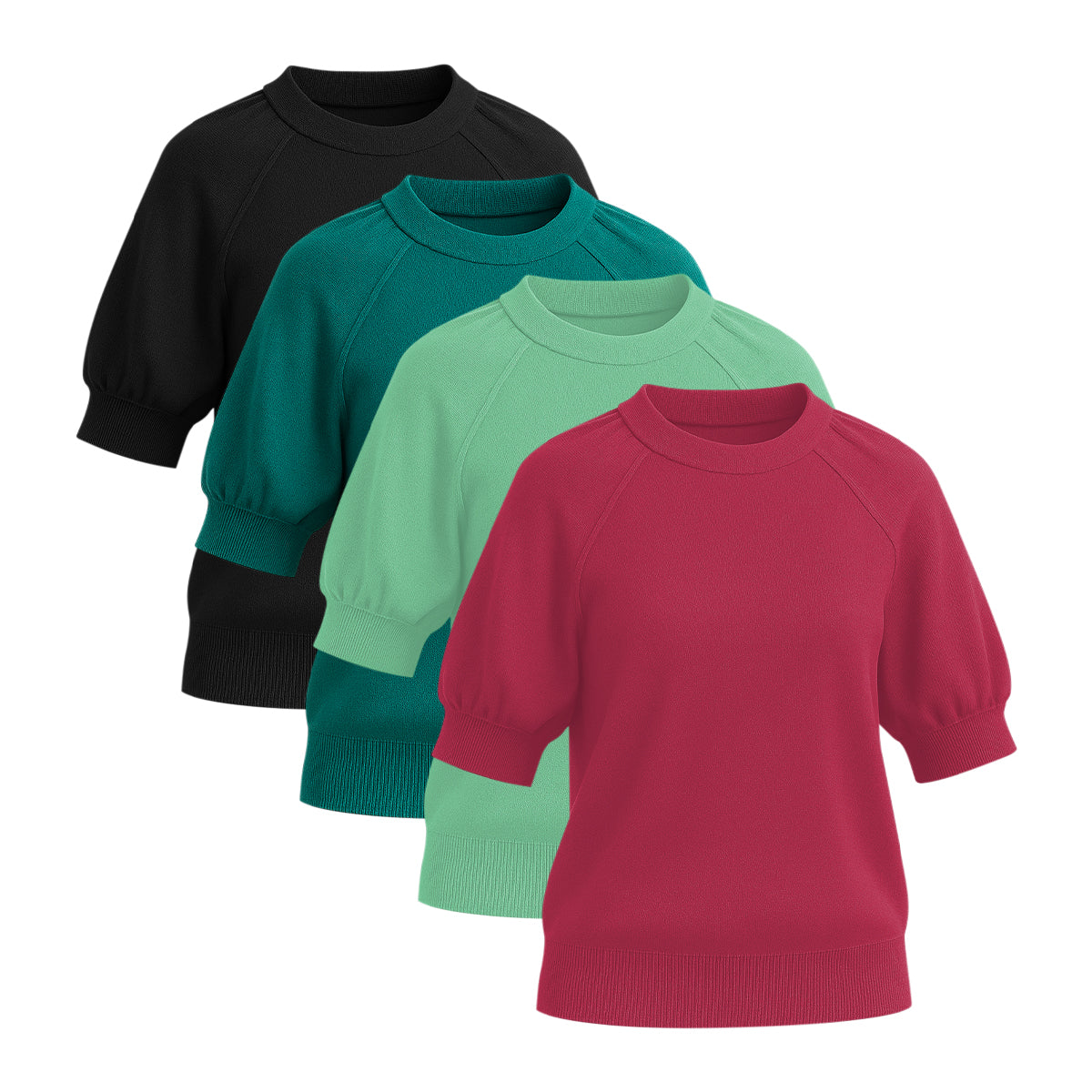 Womens Soft Knit Puff Short Sleeve Ribbed Pullover Top