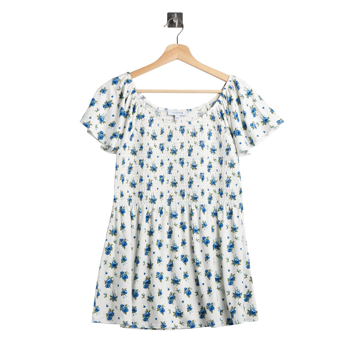 Women's Smocked Printed Round neck Short sleeves Top