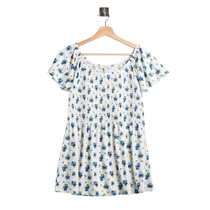 Women's Smocked Printed Round neck Short sleeves Top