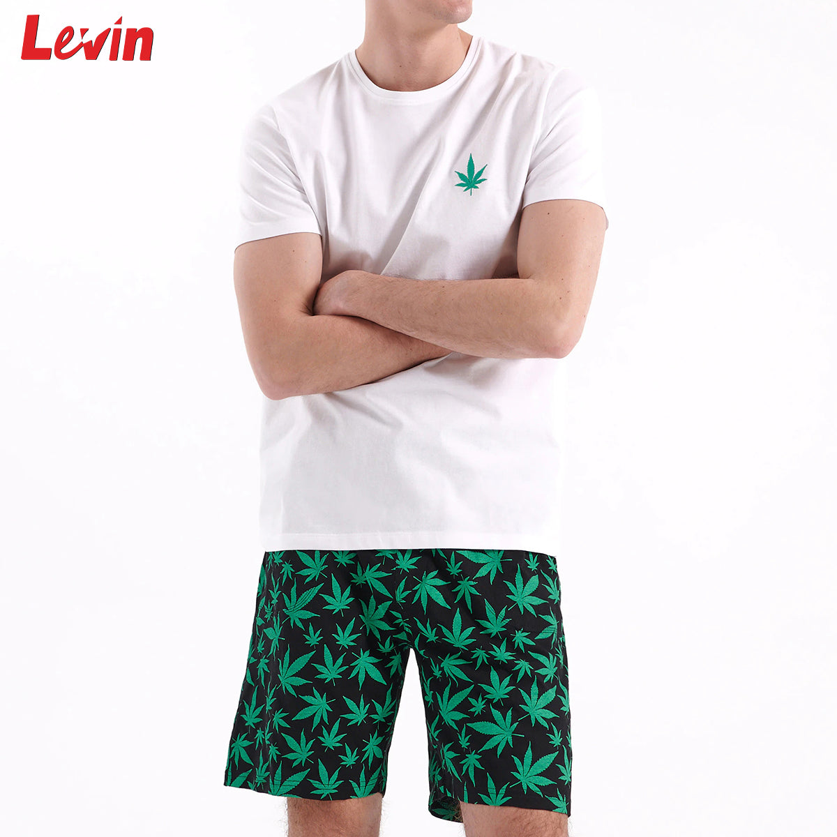 Men's 2 Pcs Printed Pajama Set Cotton Short Sleeved Shirt & Printed Shorts