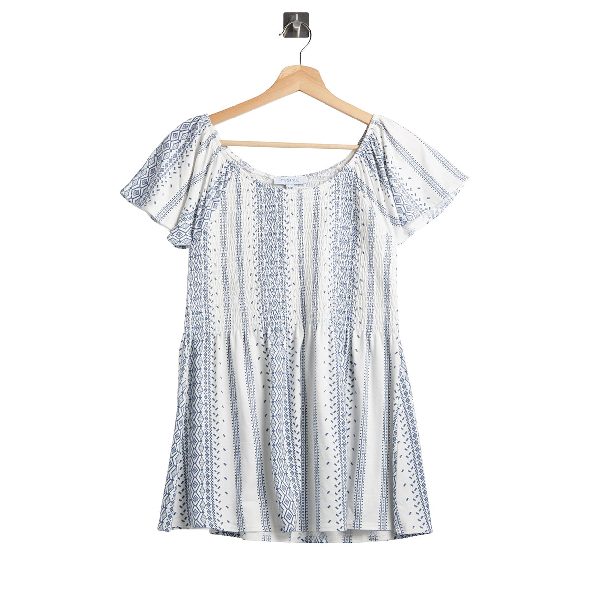 Women's Smocked Printed Round neck Short sleeves Top