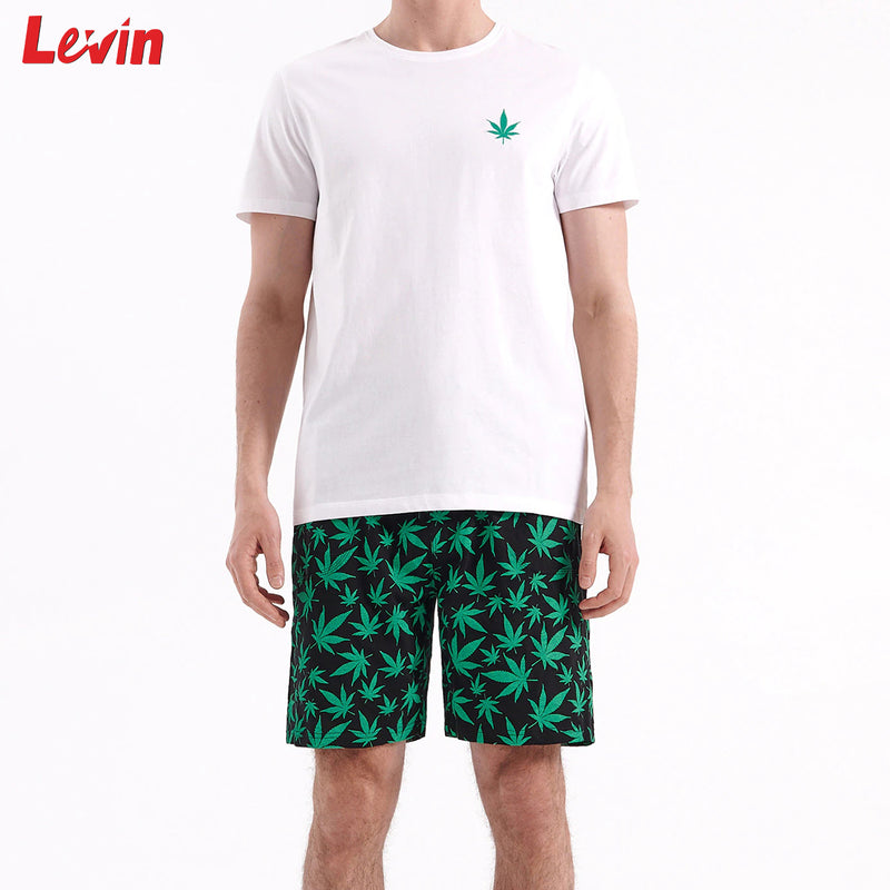 Men's 2 Pcs Printed Pajama Set Cotton Short Sleeved Shirt & Printed Shorts