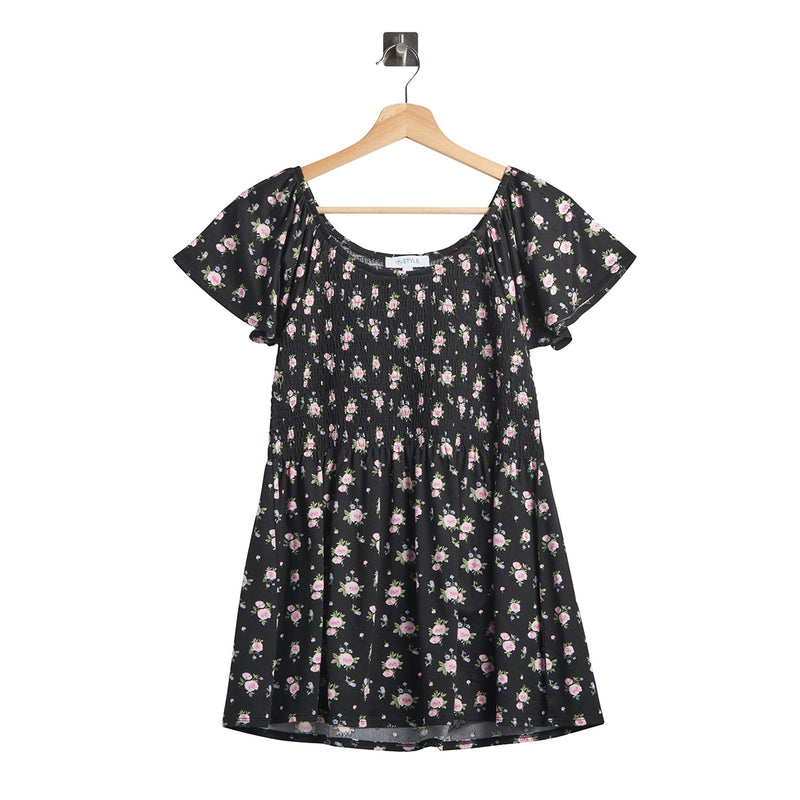 Women's Smocked Printed Round neck Short sleeves Top