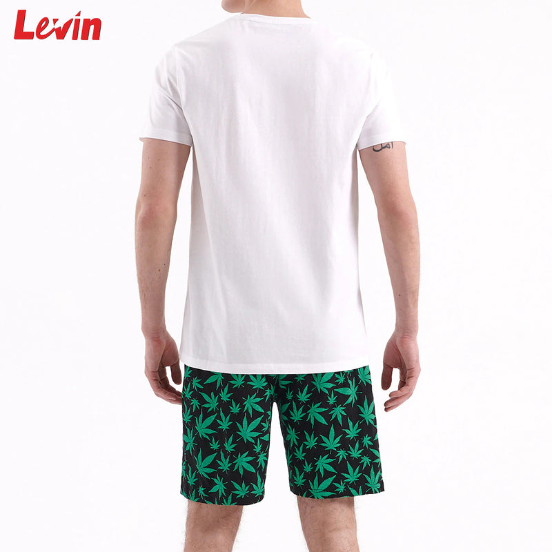Men's 2 Pcs Printed Pajama Set Cotton Short Sleeved Shirt & Printed Shorts