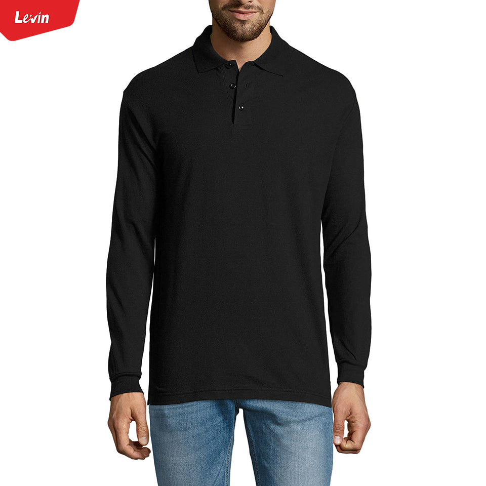 Mens Long Sleeve Pique Polo Cotton T-Shirt