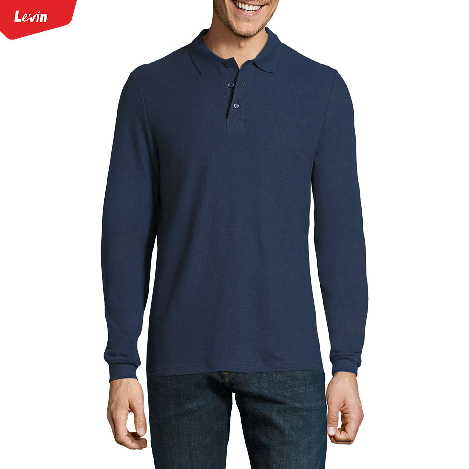 Mens Long Sleeve Pique Polo Cotton T-Shirt