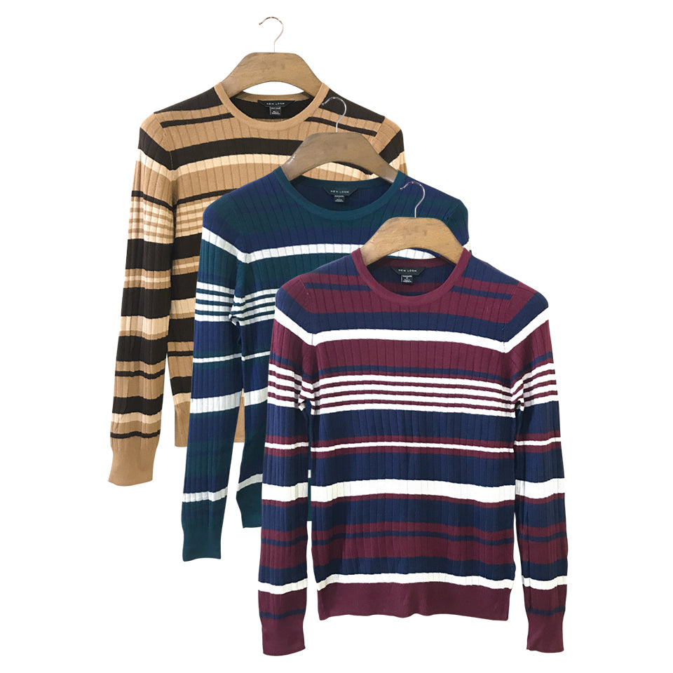 Womens Knitted Long Sleeve Striped Crew Neck Sweater Pullover Jumpers