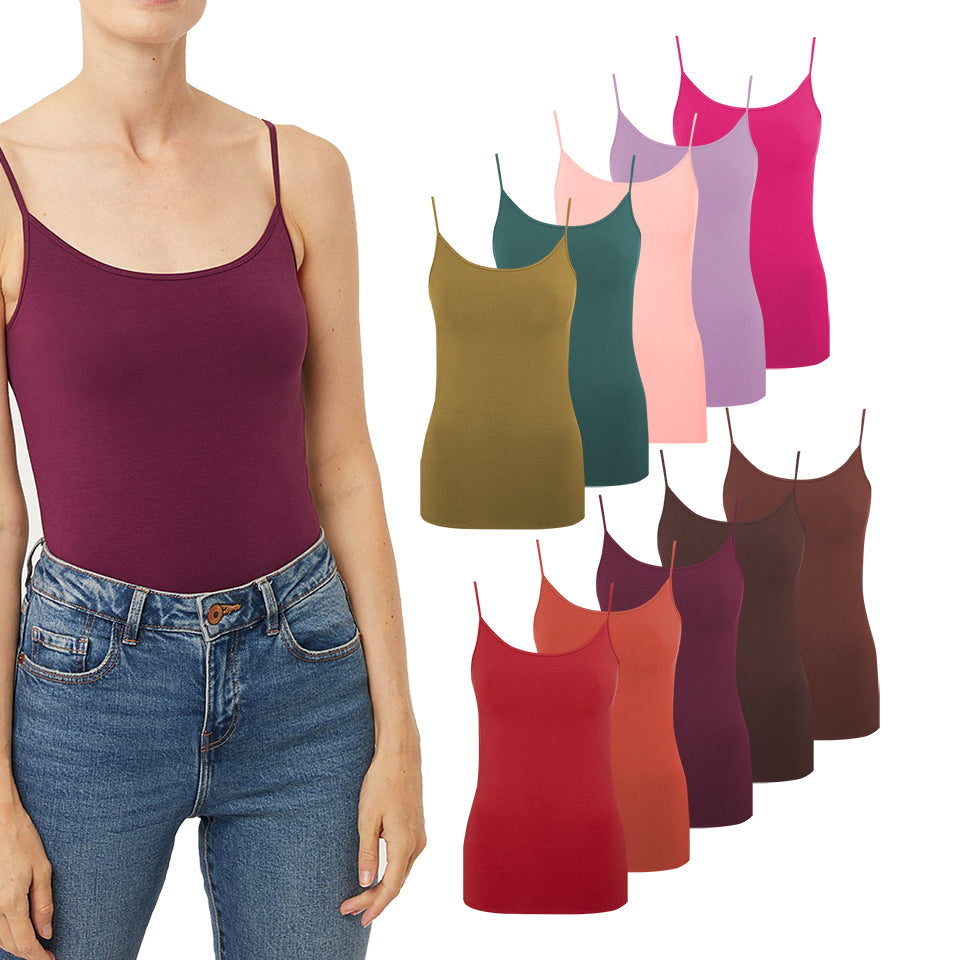 Women's Cotton Scoop Neck Adjustable Spaghetti Strap Color Full Cami Tank Tops